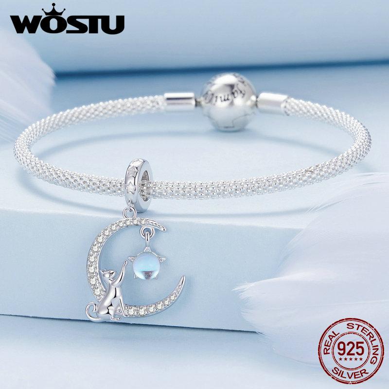 WOSTU 925 Silver Moonstone Charms Heart Beads Astronaut Moon Pendant Fit Bracelet DIY Necklace Jewelry Making