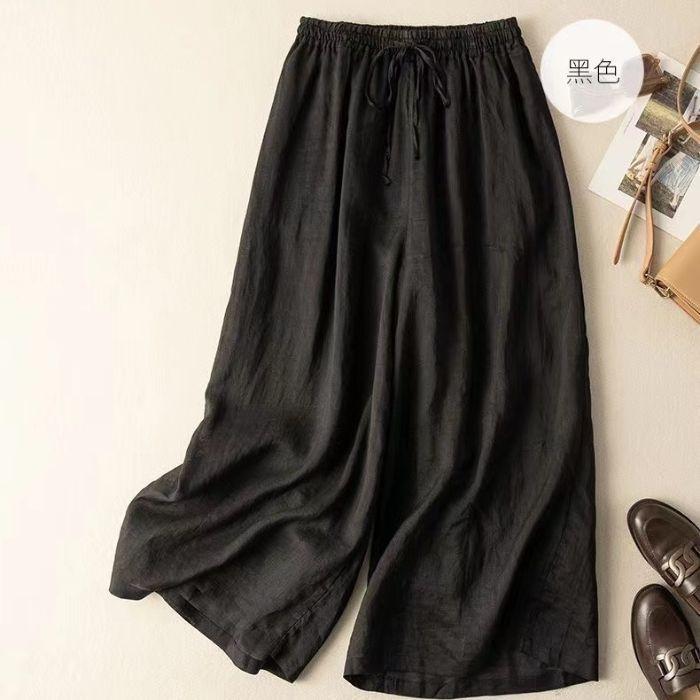 Cotton and Linen Wide-leg Pants Women Summer Retro Elastic Waist Ankle-Length Pants Lace-up Solid Versatile Loose Casual Pants