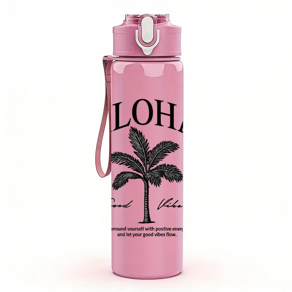 1PC Aloha Palm Tree Tropical Badge Print 750ml Color Plastic Sports Water Bottle Leakproof Flip Straw Lid Suitable for Sports Office Home Use