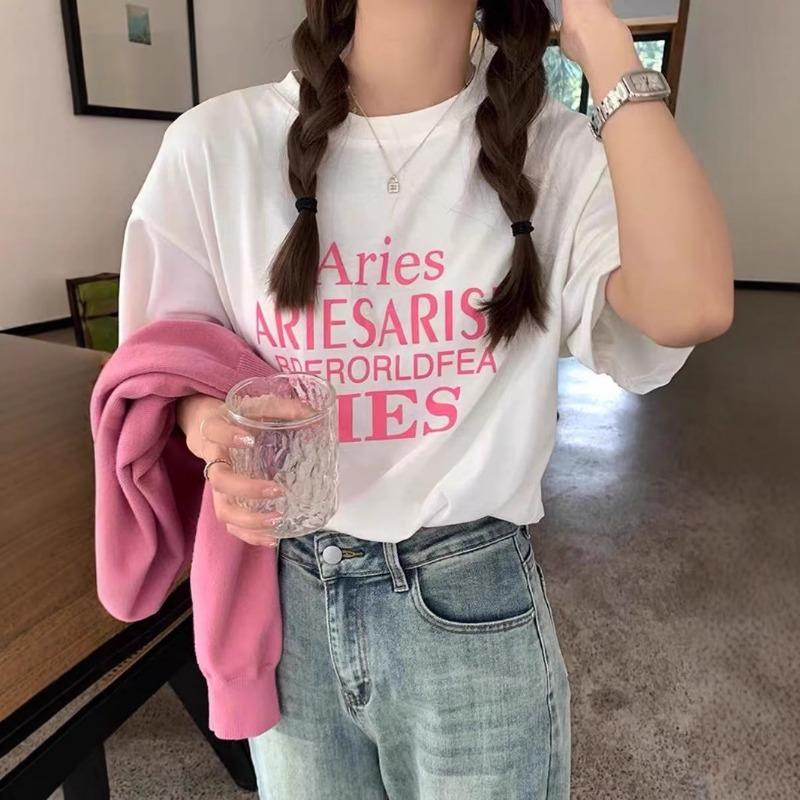 Women's Retro and Laid-back Round-neck Letter Short-sleeved T-shirt Summer Loose and Casual Printed Top