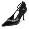 Fashion High Quality Pointed Toe Rhinestone Women Sandals Patent Leather Ankle Straps Buckle Slide Sandals Fashion Comfort Dress Shoes