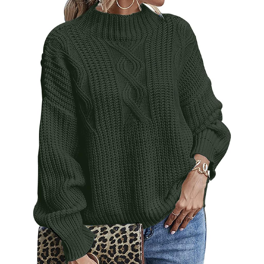 Damen Schwarzer Lockerer Pullover Hoher Kragen Bequemer Kragen Pullover Einfarbig Gestrickt Langarmpullover