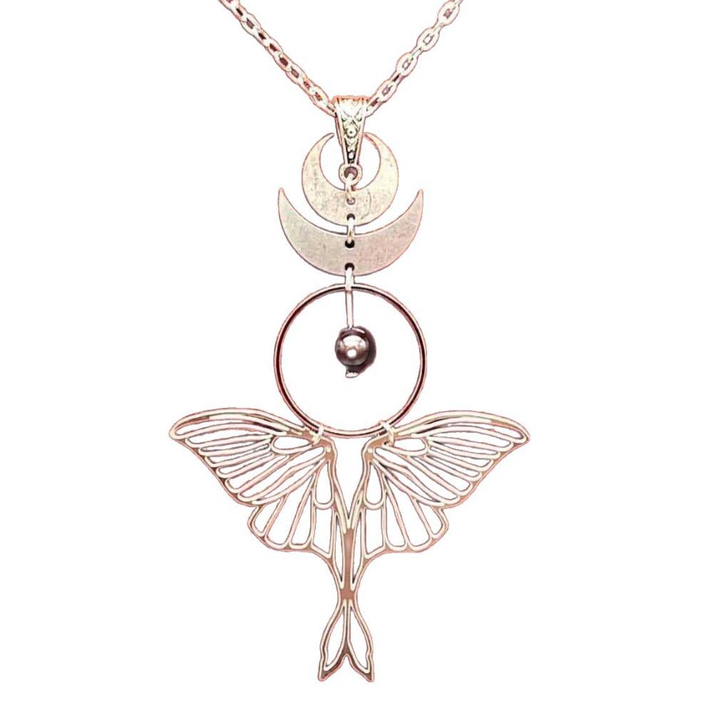 Boho Charm Hollowed-out Moth Moon Phase Black Crystal Beads Pendant Necklace for Women Halloween Stainless Steel Magic Jewelry
