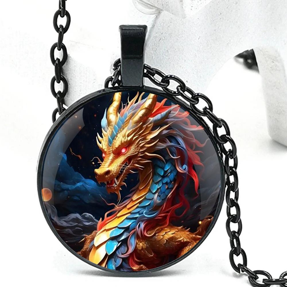 Colorful Dragon Glass Dome Pendant Necklaces for Men and Women, Jewelry Accessories, Unique Gift for Kids, Fashion Accessory