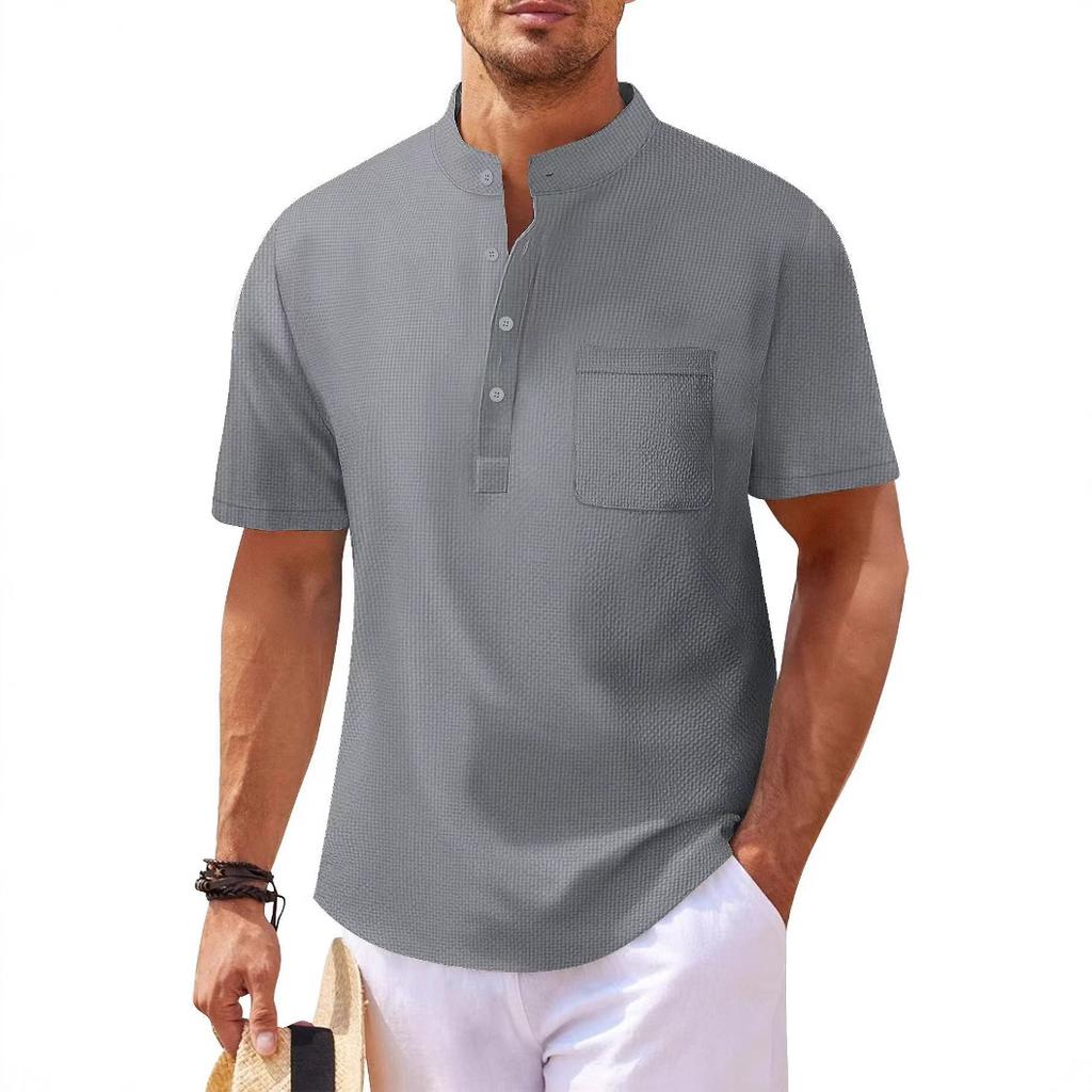 Men's Henley Neck T-shirt Cotton Linen Button Pocket  Tees Casual Short Sleeve Vacation Beach Style Solid Color Lightweight Tops