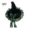 Pointed Witch Hat Halloween for Women, Velvet Wizard with Ruffle Costume Accessory Brim And Bow Party, Masquerade, Cosplay