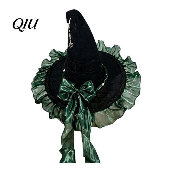 Pointed Witch Hat Halloween for Women, Velvet Wizard with Ruffle Costume Accessory Brim And Bow Party, Masquerade, Cosplay