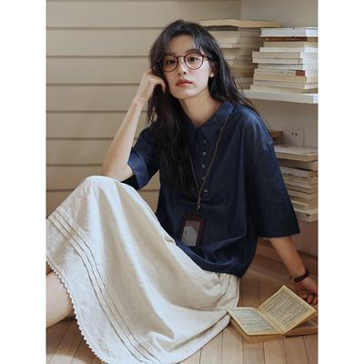 Summer Literary and Cool Book Denim Cotton Short-sleeved Pullover Shirt Top Women's Tide