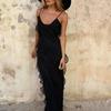 Women Evening Dress Low-cut V Neck Backless Sleeveless Spaghett Strap Split Hem Patchwork Slim Fit Floor Length Solid Color Cocktail