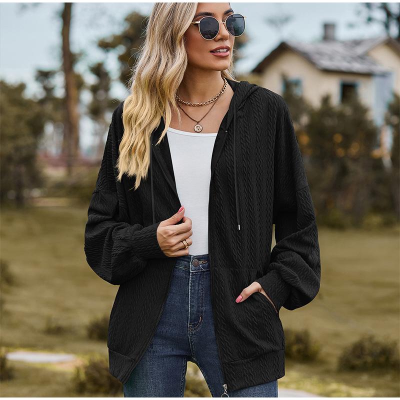 Women's Oversized V-neck Zipper Pure Color Long Loose Hooded Outwear