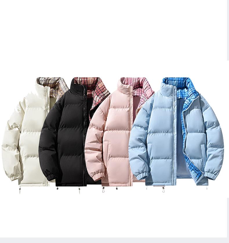 Herr- och damjacka i avslappnad färgmatchad rutig inner- och ytterdesign med ståkrage, herrarnas lösa och tjocka bomullsvadderade jacka
