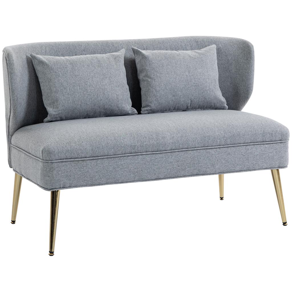 2 Seater Sofa, Linen-look Fabric Small Sofa with Wing Back, Thick Seat, Metal Legs, Light Grey