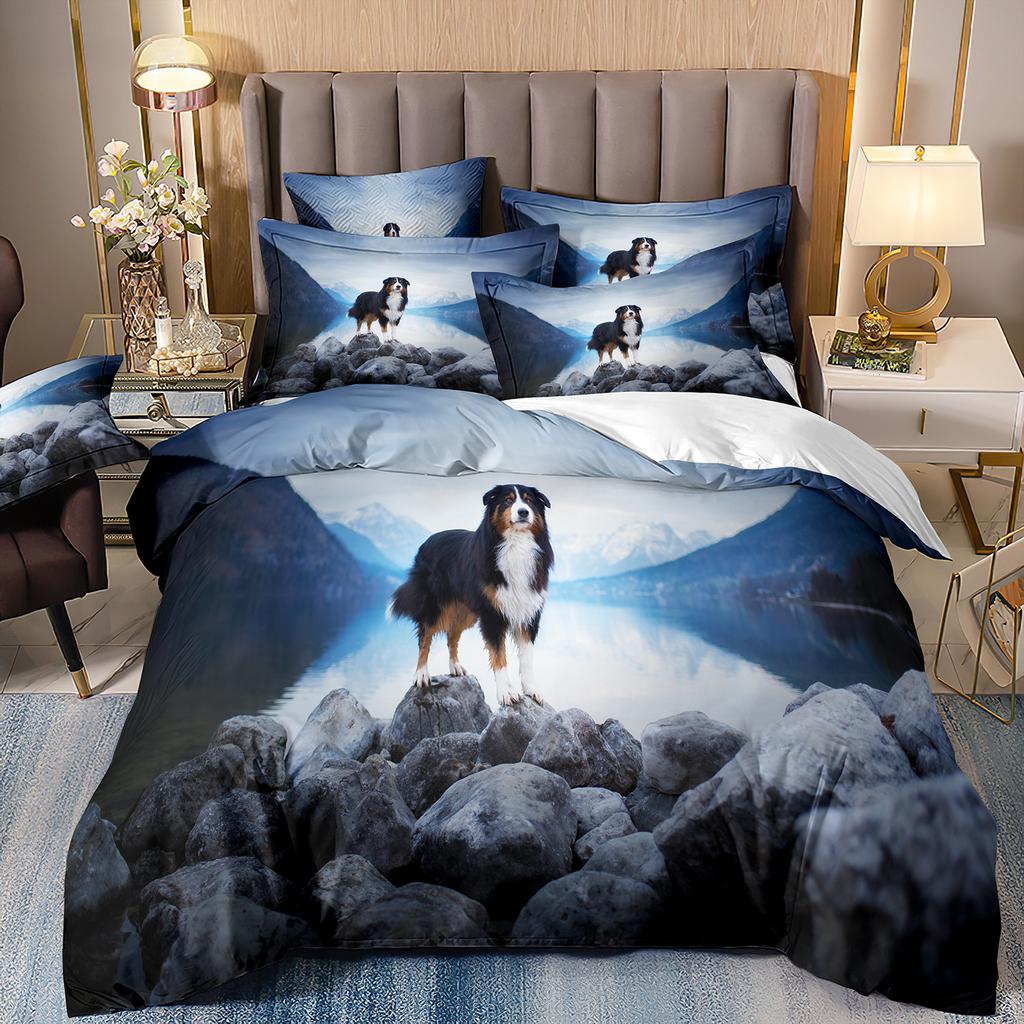 3D-gedruckte Bettwäsche Schäferhund Bettbezug Haustierhund Dreiteilige Heimtextilien