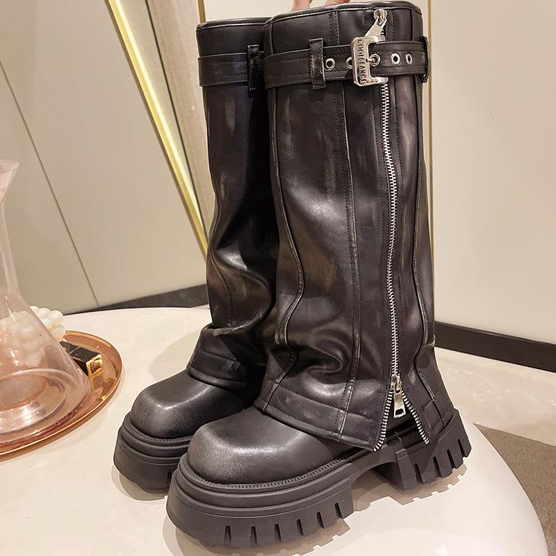 Knight Women Mid Calf Boots Chunky High Heeled Platform Punk Motorcycle Long Booties Goth Street Shoes for Women