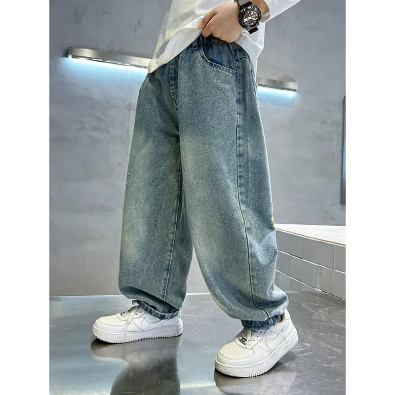 Boys' Jeans Spring and Autumn Cartoon Children's Pants Fashionable Big Boys' Straight Leg Pants Kids Hip Hop Pants 4-14Year
