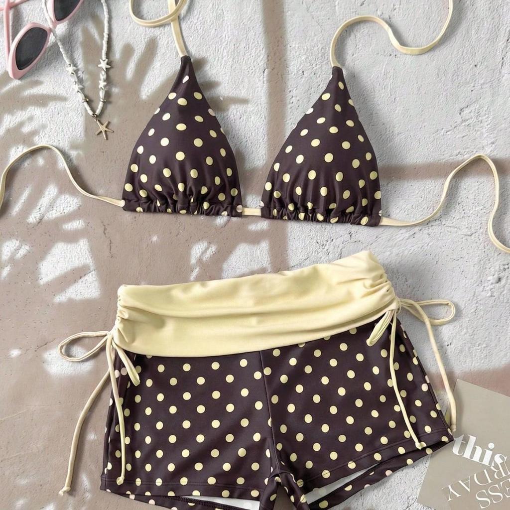2026 Retro Polka Dot Striped Cross-Strap Bikini with Lace-Up Details