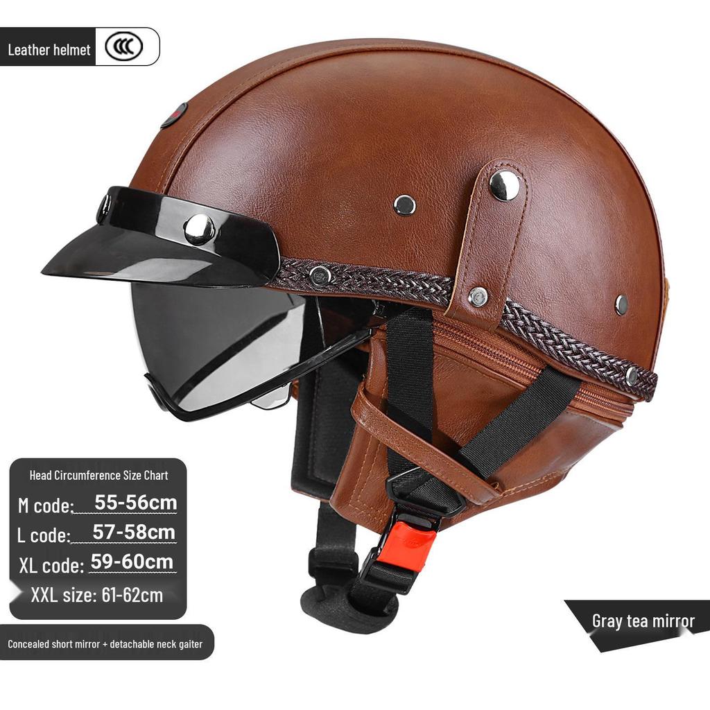 3C Certified Retro Leather Electric Motorcycle Half Helmet with Detachable Neck Guard for Men and Women - Model AF-R09