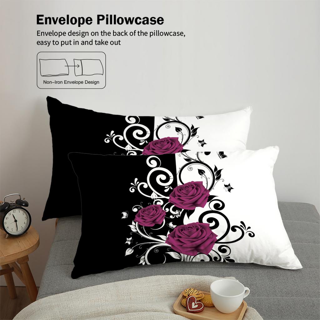 3-teiliges Bettwäscheset mit lila Rosenmusterdruck, 1*Bettbezug+2*Kissenbezug, geeignet für Mädchen- und Frauenschlafzimmer, Geburtstagsgeschenk