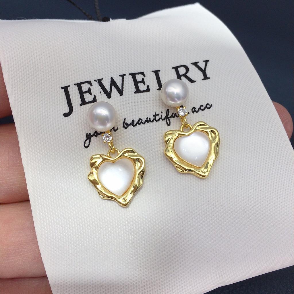 5A Button Natural Freshwater Pearl Drop Earrings Heart Shell Pendant Accent S925 Needle Pendant Earrings Women Jewelry