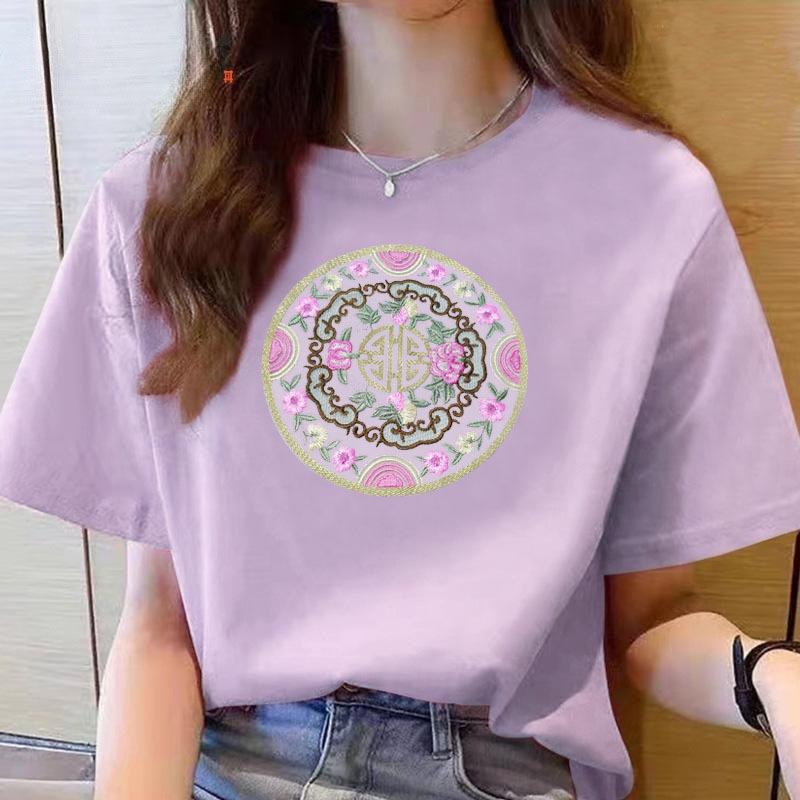 VEZFAA Damenmode Casual Sommer Frühling Blumenmuster Druck Kurzarm O-Ausschnitt Blusen & Hemden