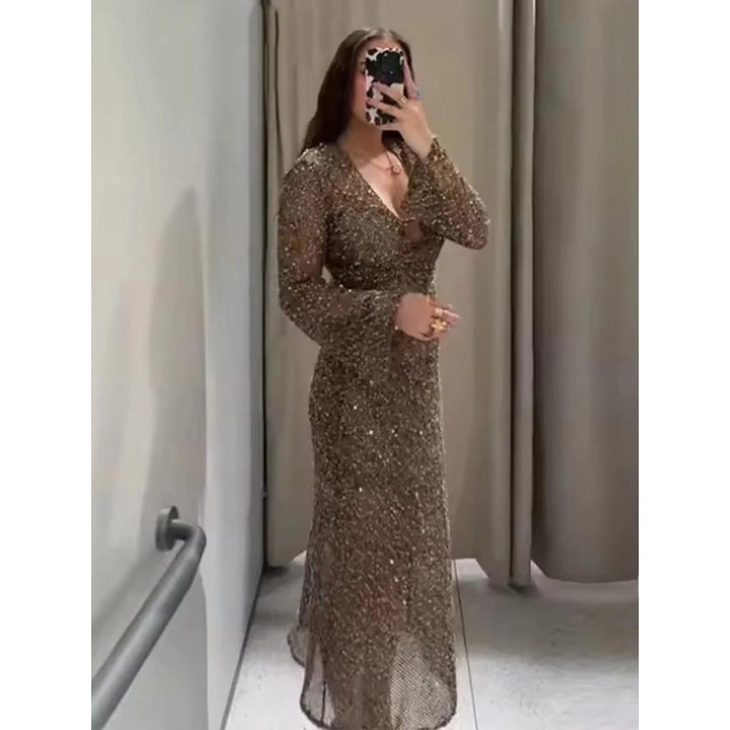 LYRIA Sexy Sequined Long Pleated Dress Women Deep V-neck Full Sleeve See Through Dresses Summer Lady Party Evening Dresses