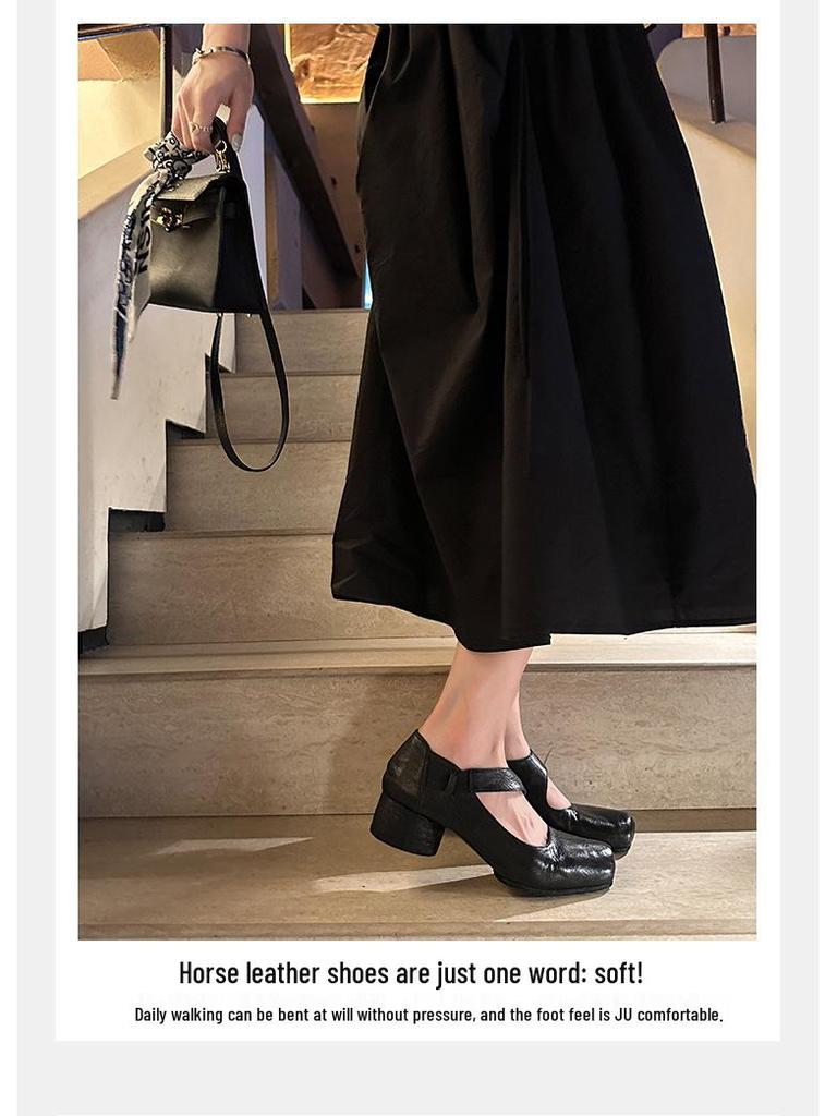 Women's Genuine Leather Ballet Flats, Autumn 2024, Square Toe, Chunky Heel, Vintage Low-Cut Mary Jane Shoes