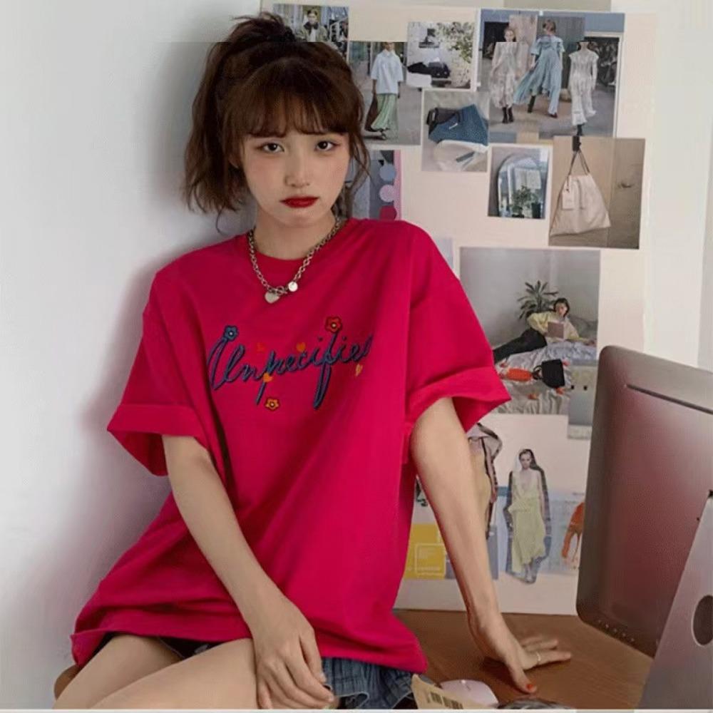 Korea Women's T-shirt Fashion Short-sleeved Korean New Summer Shirt Loose Vintage Printing Round Neck Tees Baju COD