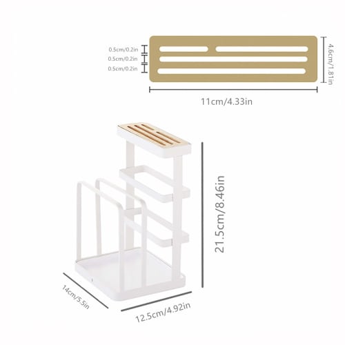 VANRA? Cutting Board Stand, Knife Stand, Iron, Holds Drainer, Cutting Board, Pot Lid, and Wooden Knife Holder (White, with Tray)