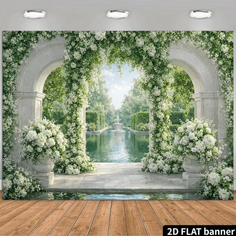 2D Elegant Garden Fountain Arch Wedding Photo Background
