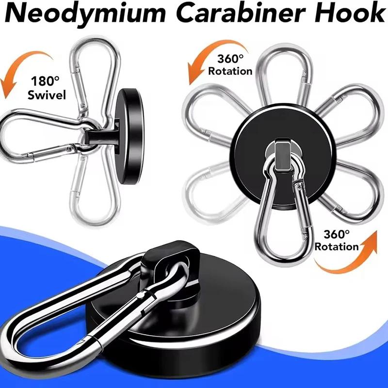 Strong Black Heavy Duty Neodymium Magnetic Hooks with Carabiner for Gym Bag Hanging Locker Storage Outdoor Activity Use