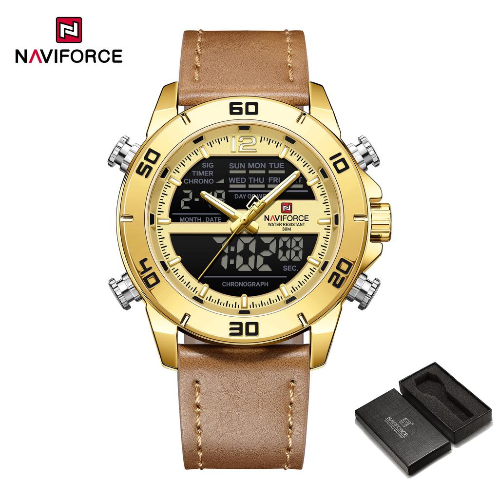 Naviforce Men's Leather Chronograph Quartz Watch Calendar Date 3ATM Waterproof Night Pattern Luminous Pointer Multifunctional Men's Watch NF9253L