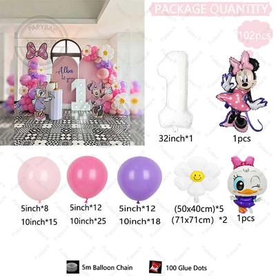 Kit Guirlande de Ballons Thème Dessin Animé Minnie Mouse 102 Pièces Ballons en Aluminium Daisy Décoration Fête d'Anniversaire Fille Fournitures Baby Shower