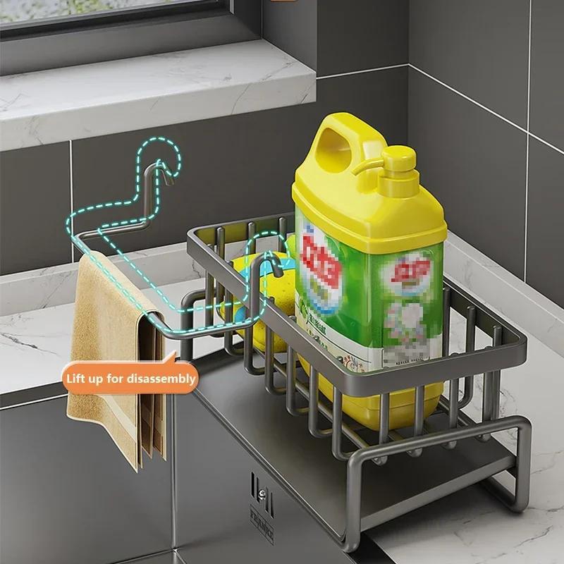 Organizator de suport pentru chiuveta de bucătărie Suport pentru burete pentru chiuvetă de bucătărie cu tavă cu auto-scurgere pentru vase, exfoliant pentru săpun, raft pentru cârpă din oțel inoxidabil