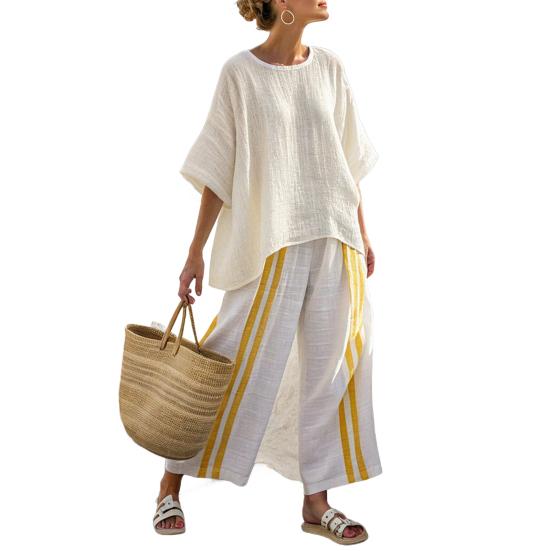 Women's Stripe 2 Piece Outfit Crew Neck Half Sleeve Top And Wide Leg Pants Set Casual Loose Beach Set