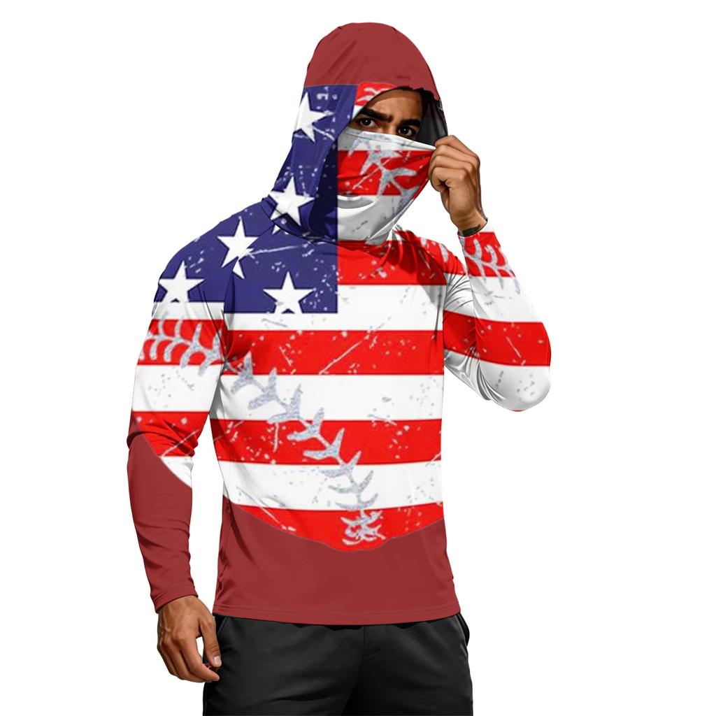 Men's Long Sleeve Lightweight Hoodie with Drawstring Hood and Face Covering Flag Print Casual Pullover Top