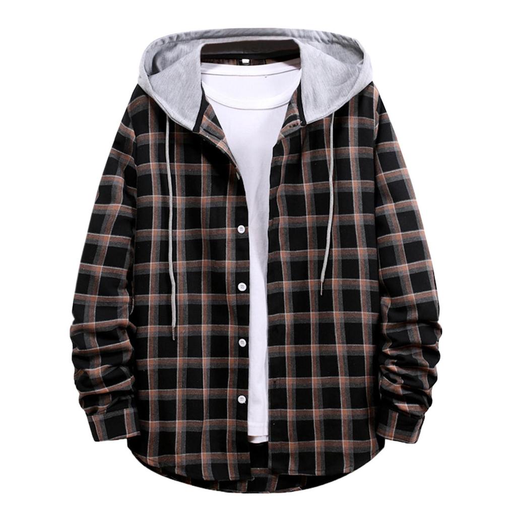 Men Casual Plaid Shirt Hooded Shirts Oversized Casual Shirt Men's Clothes European American Style Handsome Holiday Checked Shirt
