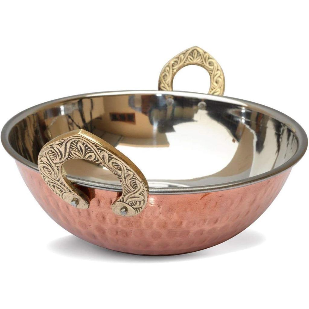 Indian Style Copper Karahi with Brass Handle, 1 Piece Serve Bowl for Cereals, Soups and Curry (13 CM)