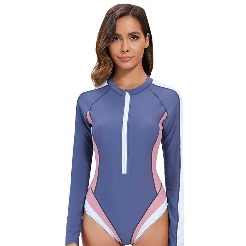 Color Block One Piece Swimsuit for Women Long Sleeve Zipper Front High Neck Nylon Swimwear