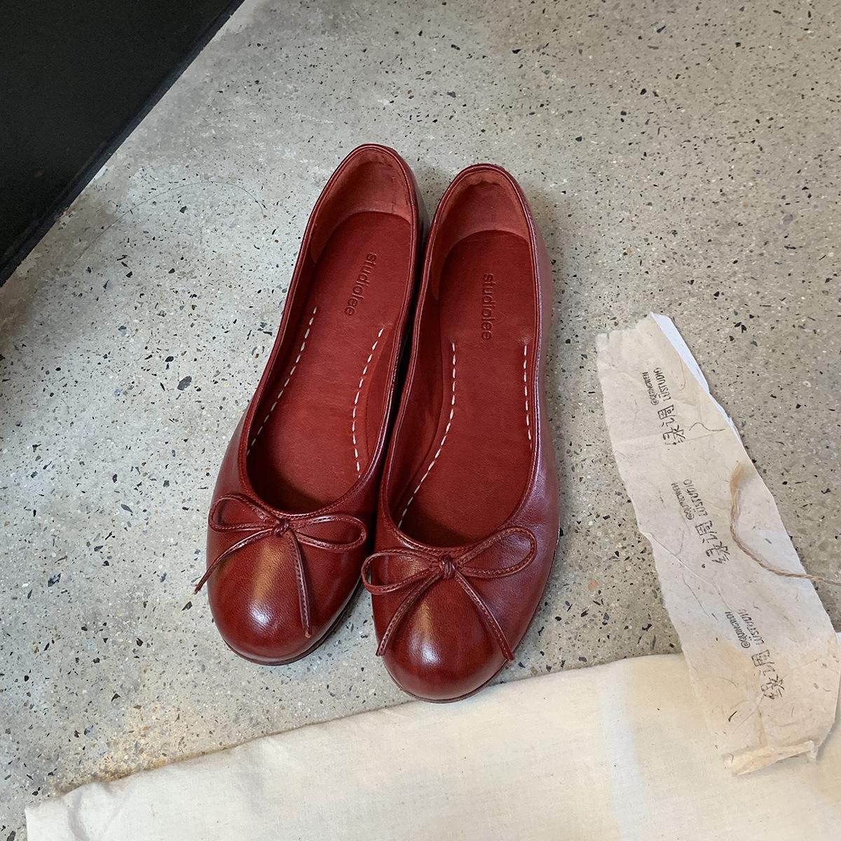 

Super soft horse leather~ French leather retro bow single shoes women s autumn new flat bottom shallow mouth ballet Mary Jane shoes 40