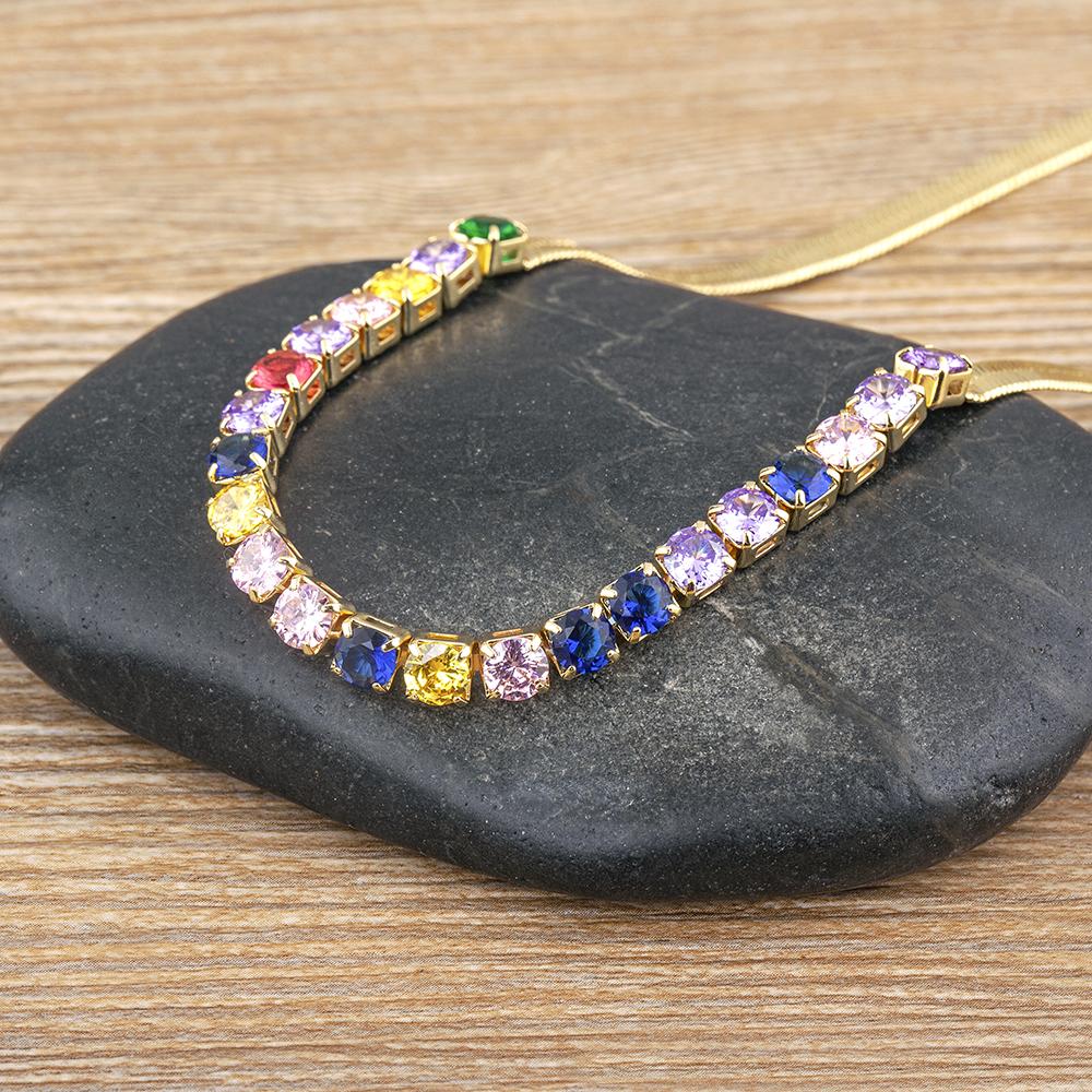 Nidin High Quality Rainbow Shiny Crystal Zircon Chain Necklace 7 Colors For Women Female Fashion Versatile Jewelry Accessories