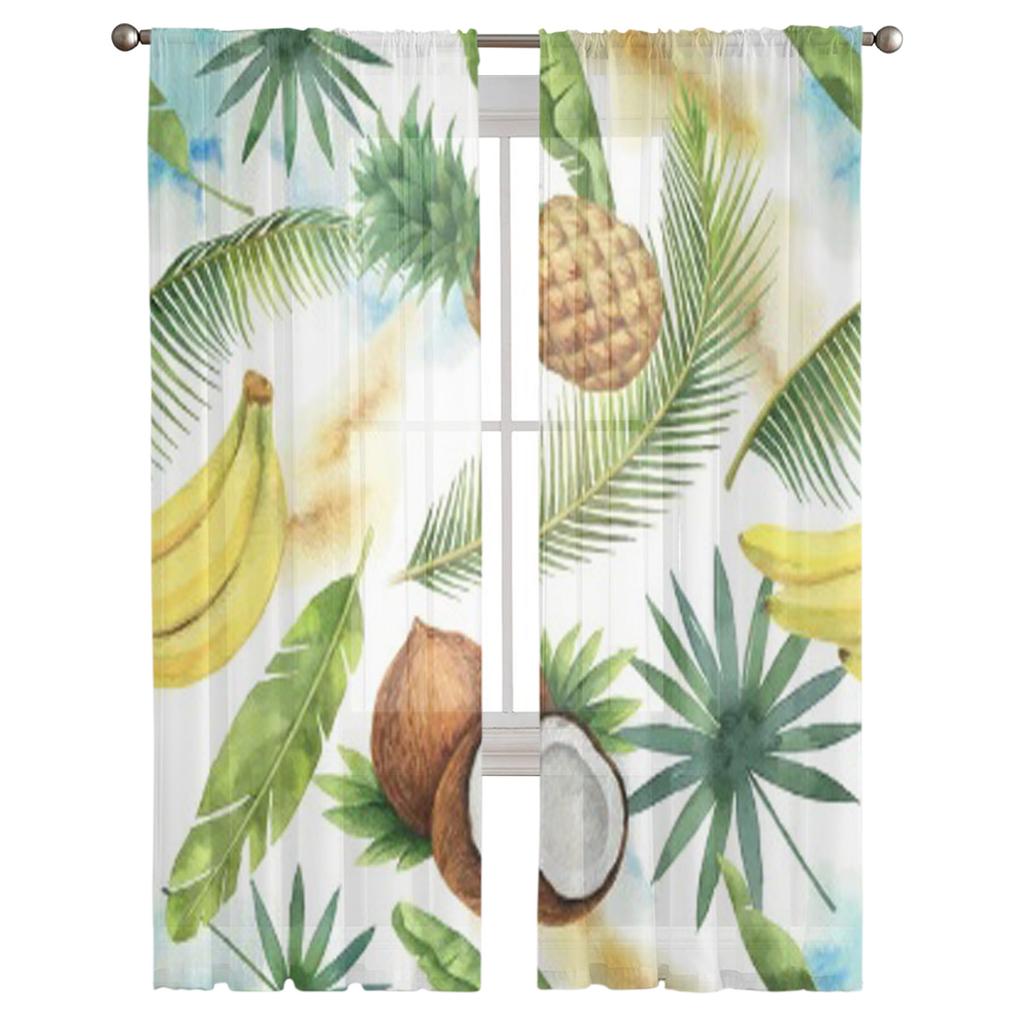Watercolor Coconut Banana Pineapple And Palm Trees White Sheer Curtains Living Room Tulle Window Curtain Bedroom Kitchen Drapes