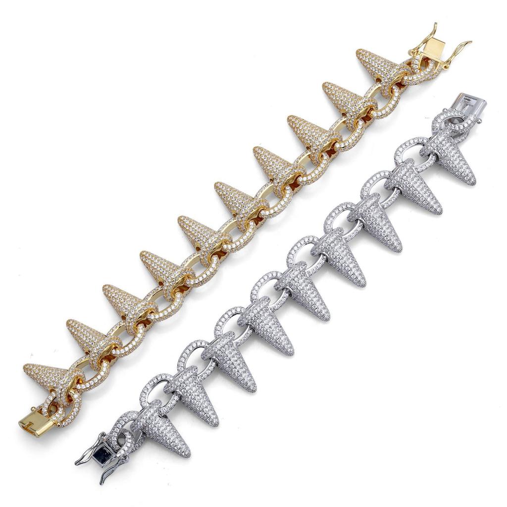 New 28mm Luxury Punk Rock Iced Out Rivet Spikes Cuff Bangles Bracelets Bling Cubic Zircon HipHop Gold Silver Gifts for Men Women