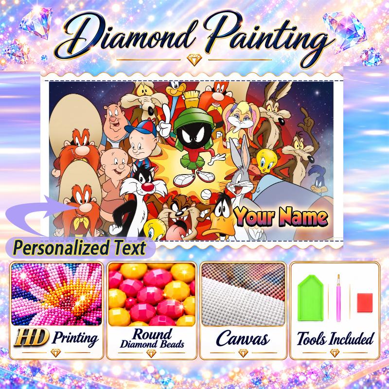 Looney Tunes 5D DIY Diamond Painting Custom Name Text, Full Drill Rhinestone Mosaic Art Home Gift