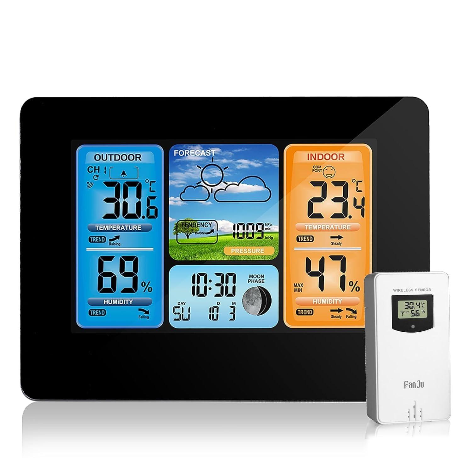 Weather Station Wireless Indoor Outdoor Thermometer, Color Display Digital Thermometer with Remote Sensor, Home Weather Station with Barometer Dual