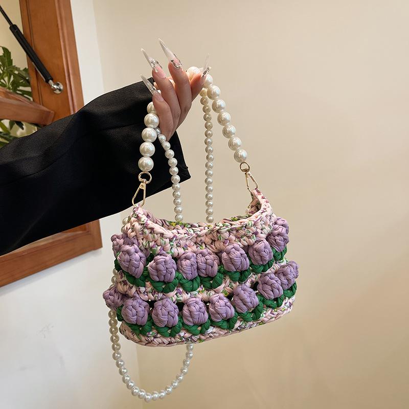 Tulip handmade DIY woven bag, cloth strip material bag, homemade pearl portable messenger bag, gift for girlfriend
