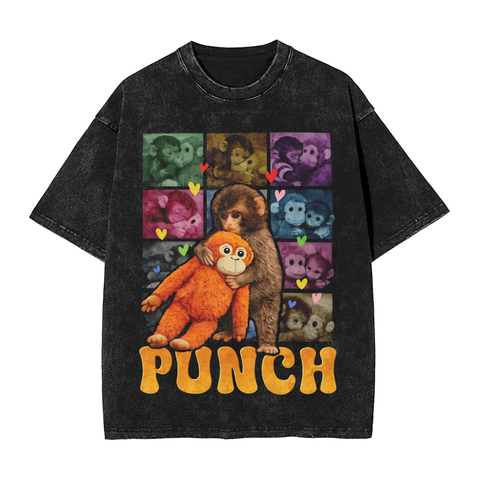 

I Love Punch Cute Baby Monkey Valentine Gift Shirt Hip Hop Washed Short Sleeve High Street TShirt Novelty Unisex Women Streetwear 2XL