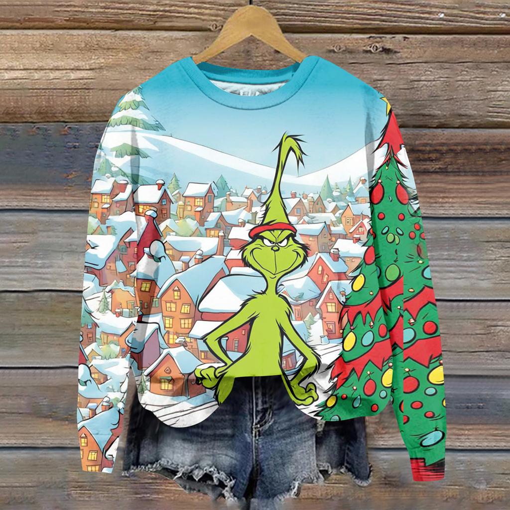 Ladies' Christmas Greentown Print Casual Long Sleeved Round Neck Sports Hoodie Top