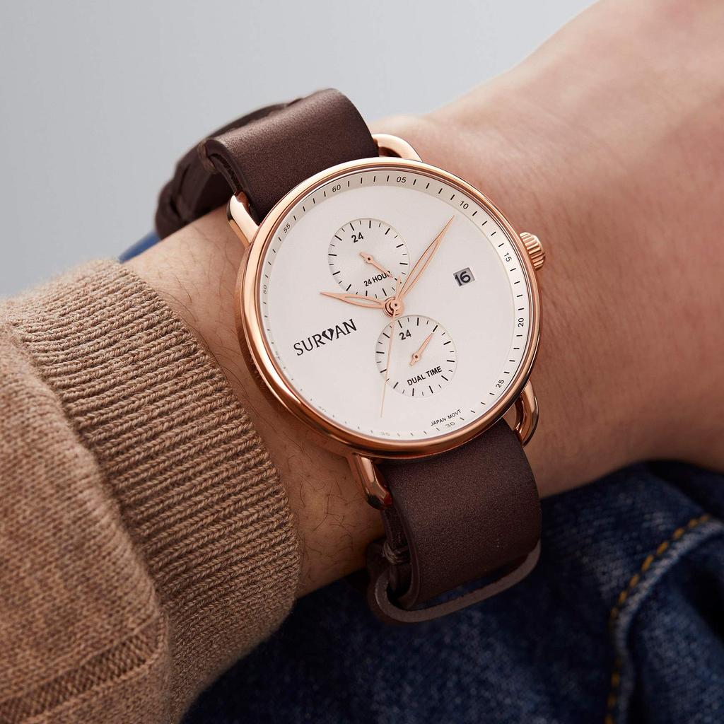 SURVAN Herren-Analog-Quarz-Uhr Weißes Zifferblatt Kastanienbraunes Echtes Lederarmband Saphirglas 50M Wasserdicht