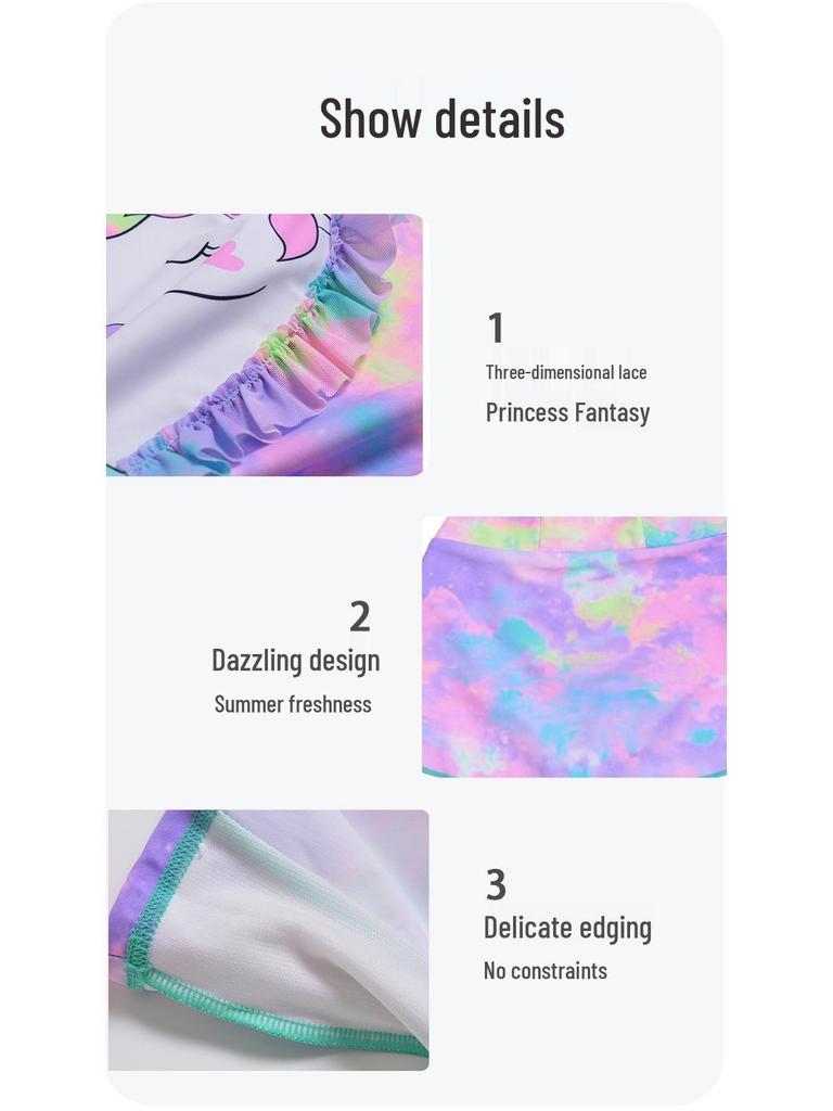 Girls' Unicorn Long-Sleeve Swimsuit with Swim Cap - Sun Protection Surf Suit