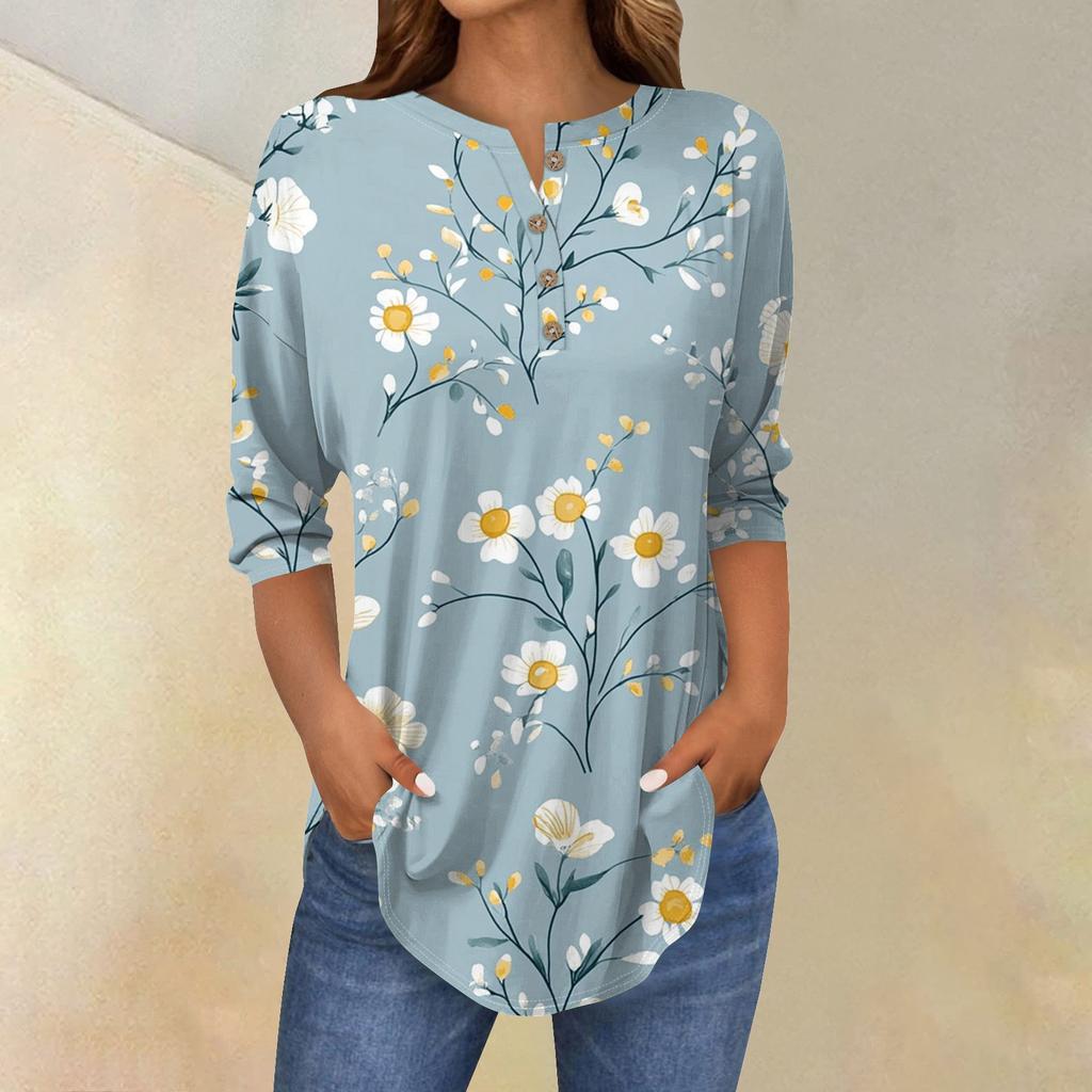 Damenmode Lässig Dreiviertelärmel Blumendruck Rundhals T-Shirt Top